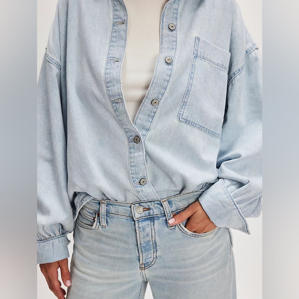 Free People Light Wash Blue Oversized Button-Down Shirt - Picture 8 of 15